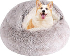 Round Hooded Cat Bed & Dog Bed with Cover Cave, Dog Bed for Small Dogs, Faux Fur Cuddler Round Coved Cat Bed Self Warming Donut Dog Bed Fits up to 12 lbs Pets(Coffee, 20inch x 20inch)
