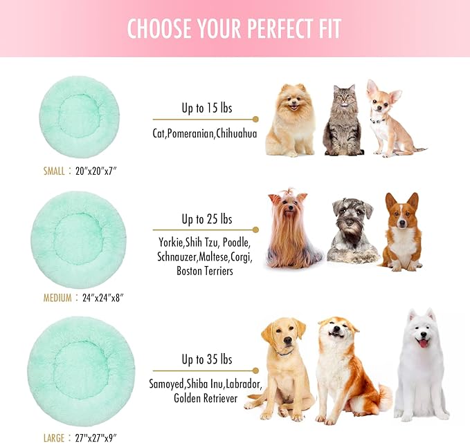 Anti Anxiety Round Fluffy Plush Faux Fur Warm Washable Dog Bed & Cat Bed, Original Bed for Small Medium Large Pets,Used to Relieve Joints and Improve Sleep（20"/24"/27''） (20", Light Green)