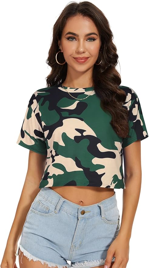 Womens Summer Crop Tops Short Sleeve Round Neck T-Shirts Loose Fit Casual Blouse