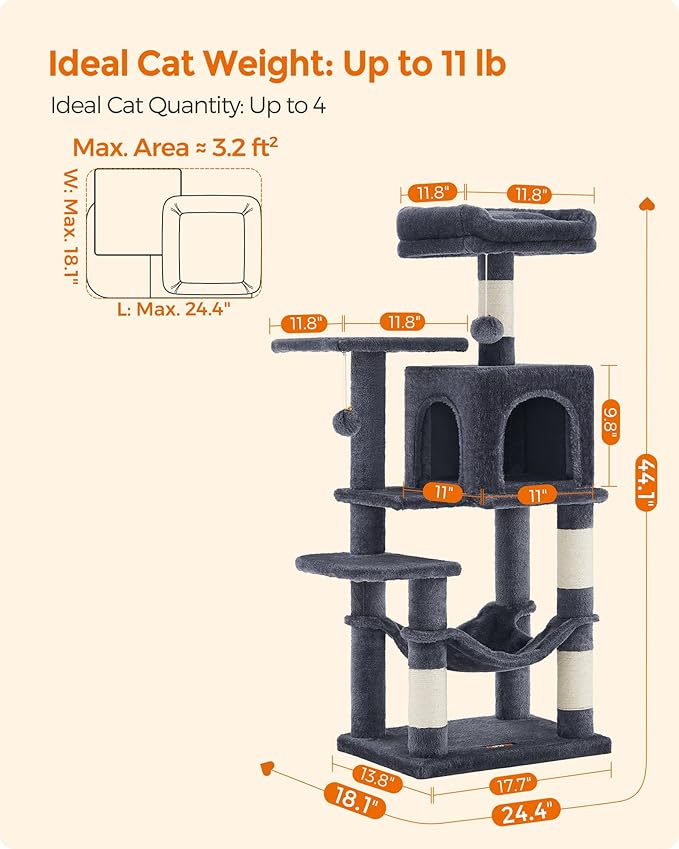 Feandrea Cat Tree, 44.1-Inch Cat Tower for Indoor Cats, Multi-Level Cat Condo with 4 Scratching Posts, 2 Perches, Hammock, Cave, Smoky Gray UPCT261G01