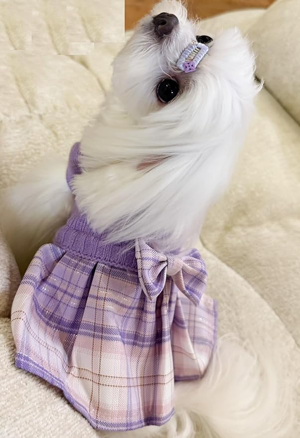 Purple Knitted Dog Sweater Dress, Pink Plaid Dog Winter Clothes Dresses for Small Dogs Girl, Maltese Cat Apparel, X-Small (XS)