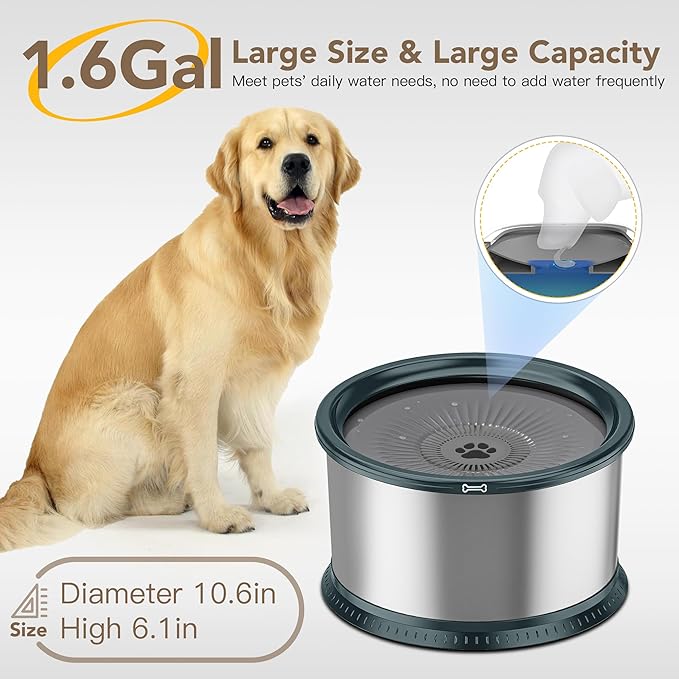 1.6 Gallon Dog Water Bowl, 6.5L/220oz Stainless Steel No Spill Water Bowls for Large Dogs, Super Large Capacity Splash Proof Pet Slow Drinking Water Bowl with Anti-Slip Mat for Mess Drinkers