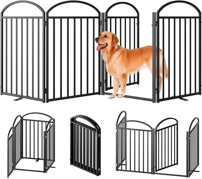 4 Panels Full Matel Freestanding Dog Gates with Door, 96"Extra Wide 32"Tall Free Standing Dog Pet Gate for Indoor & Outdoor. Foldable Pet Fences for Doorways, House, Stairs, Porch, Deck, Yard