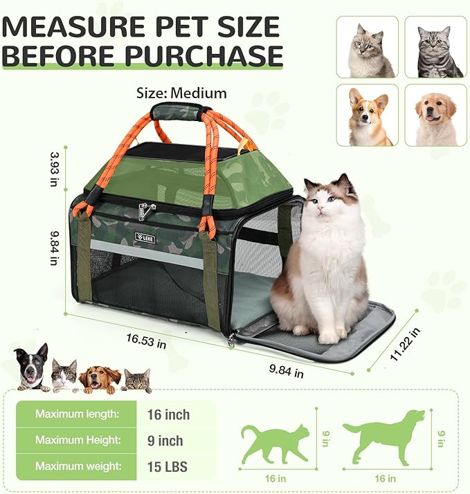 Lekereise Top Expandable Pet Carrier TSA Airline Approved Soft Sided Underseat Up to 15lbs Travel Carriers for Small Cats and Dogs with Convertable Dog Leash and Anti-Scratch Mesh
