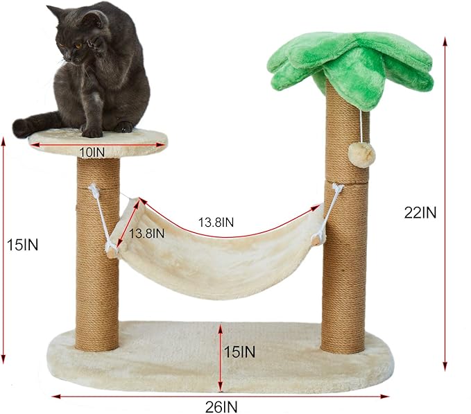 LUCKITTY Small Cat Scratching Posts Kitty Coconut Palm Tree-Cat Scratch Post for Cats and Kittens - Natural Jute Sisal Scratch Pole Cat Scratcher (Post &Hammock)