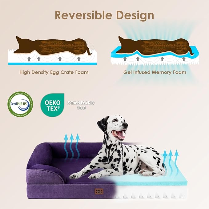 EHEYCIGA Orthopedic Dog Beds for Large Dogs, Waterproof Memory Foam Large Dog Bed with Sides, Non-Slip Bottom and Egg-Crate Foam Pet Couch Bed with Washable Removable Cover, Purple