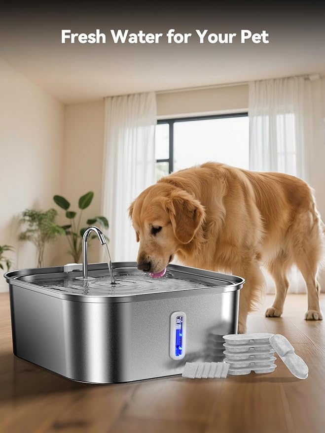 Large Dog Water Fountain 14L/3.7Gal, Stainless Steel Pet Fountain for Large Dogs and Multi-Pets, with Window & Extra Wide Drinking Area, Square Design Enlarges Capacity & Saves Space (Filters)