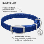 CollarDirect Leather Cat Collar, Kitten Collar with Removable Bell Black Blue Red Orange Lime Green (Neck Fit 8"-11", Navy Blue)