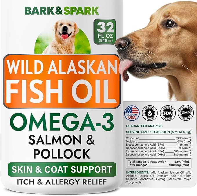 Bark&Spark Fish Oil for Dogs - Natural Omega-3 - Skin & Coat Support - Liquid Food Supplement for Pets - Natural EPA + DHA Fatty Acids for Joint Function, Immune & Heart Health 32oz - Salmon