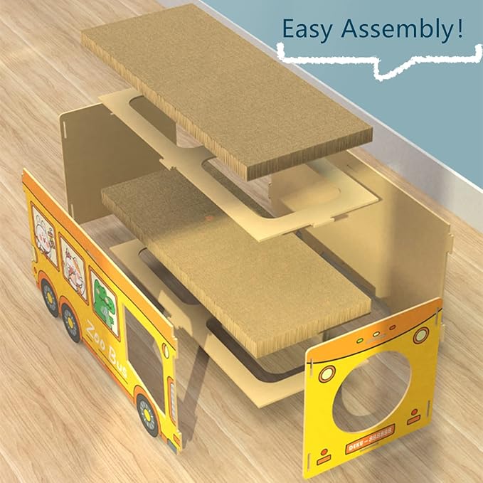 SHENGOCASE Wooden Jumbo 26.4" x 11.8" Extra Large Bus Shaped Cat Scratcher House for Big Cat Maine Coon, Cardboard Cat House with Scratching Pad for Indoor Cats