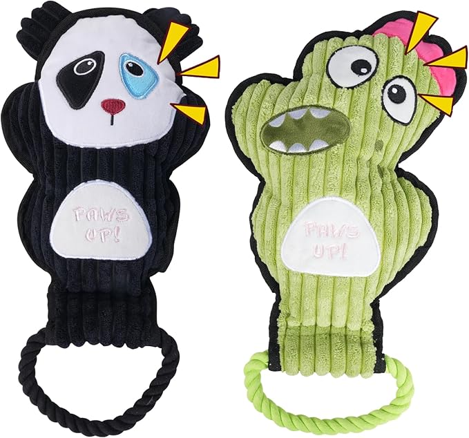 2-Pack Squeaky Dog Toys & Tough Tug of War Set - No Stuffing Chew-Resistant Plush Toys to Keep Them Busy, Best Birthday Gift for Small/Medium/Large Breeds (Panda & Dion)