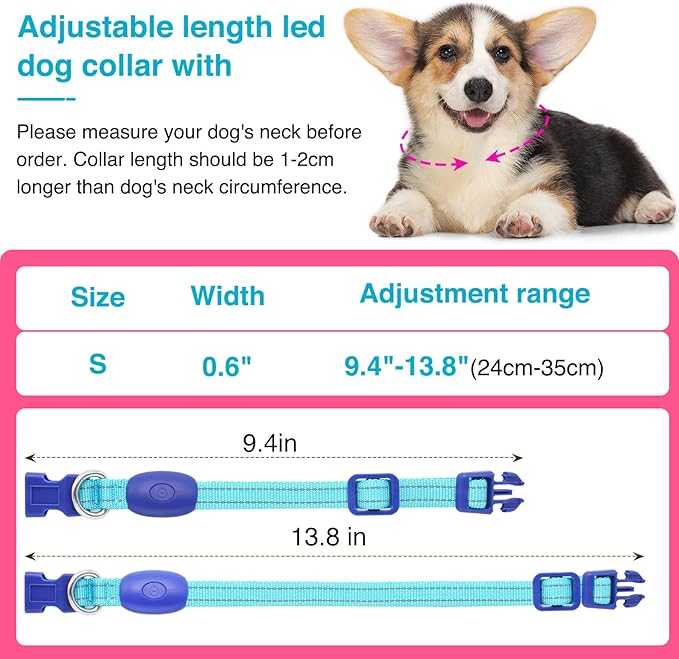 Light Up Dog Collar at Night, Led Dog Collar Adjustable, Rechargeable Waterproof, Dog Lights for Night Walking, Glow in The Dark (S, Blue)