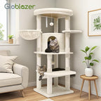 Globlazer Corner Cat Tree Tower with Scratching Post for Indoor Cats, 51in Plush Multi-Level Cat Tower with Large Hammock, Fan-Shaped Padded Perch, Spacious Cat Condo, Hanging Basket, C51, Light Beige