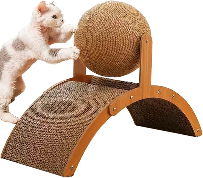 Sisal Cat Scratching Ball Toy, Interactive Cat Scratcher Board with Wooden Frame, Durable Scratch Toy for Indoor Cats, Wear-Resistant Ferris Wheel Design for Endless Fun! (Middle)