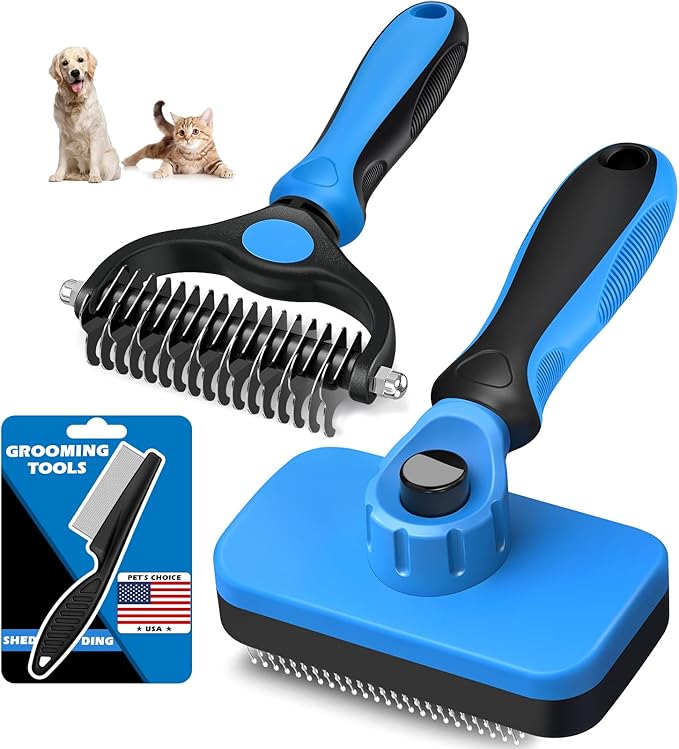 3PCS Self Cleaning Slicker Brush & Pet Grooming Rake & Bath Brush for Dogs and Cats | Double-Sided Dematting Pet Comb & Skin Friendly Deshedding Grooming Tool | Premium Pet Supplies (Blue Black)