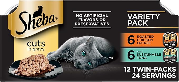 Sheba Perfect Portions Wet Cat Food Cuts in Gravy, Roasted Chicken Entree and with Sustainable Tuna, 2.6 oz. Twin-Pack Trays (12 Count, 24 Servings)