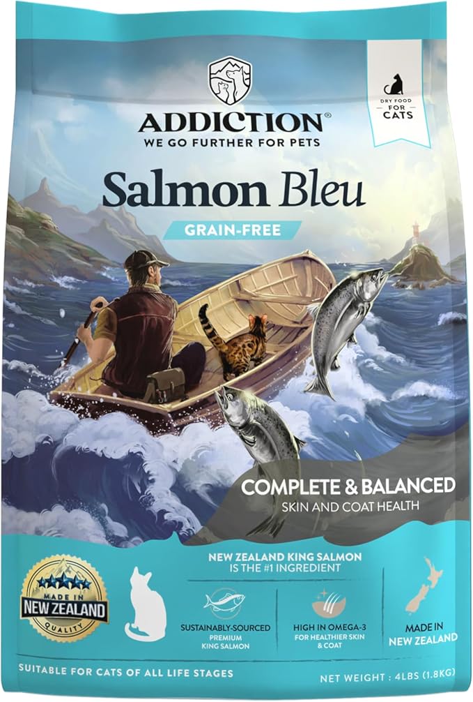 Addiction Salmon Bleu Grain-Free Dry Cat Food – Rich in Omega-3 for Healthy Skin & Coat – Complete & Balanced Salmon Recipe for All Life Stages – Made in New Zealand 4lb