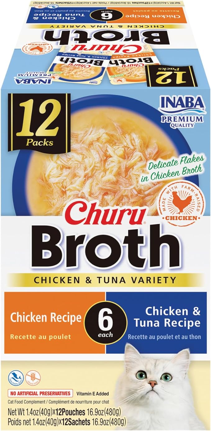 INABA Churu Broth for Cats, Side Dish Pouch, 1.4 Ounces per Pouch, 12 Pouches, Chicken and Tuna Variety