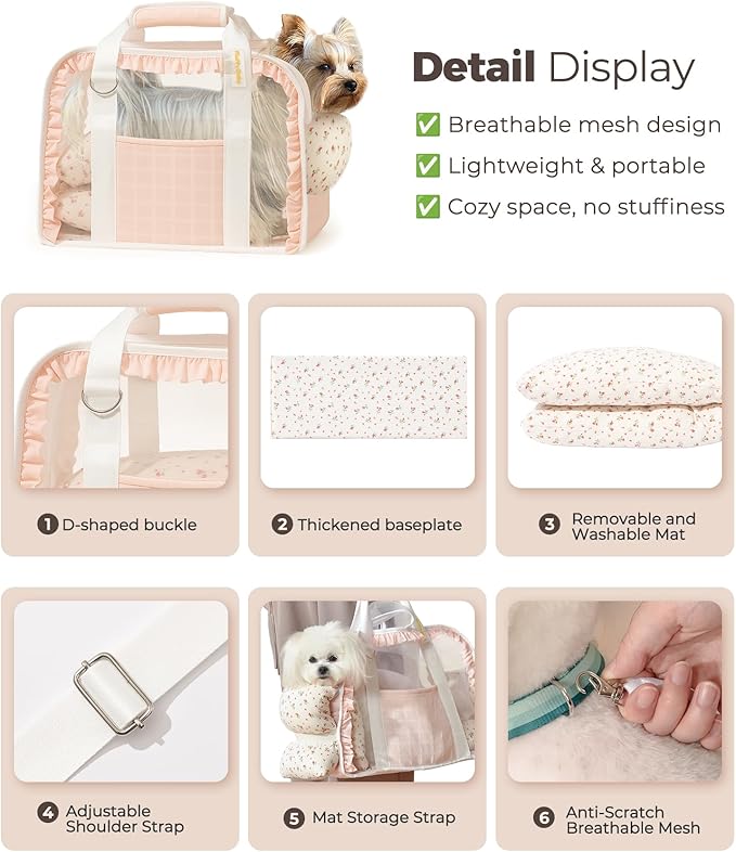 Pet Carrier for Medium Cats, Dog Carrier with Soft-Sided Cat Carriers, Breathable Mesh for Small/Medium Cats Dogs Puppies (Up to 13lbs), Foldable with Safety Buckle for Travel - Pink