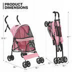 MoNiBloom 4 Wheels Pet Stroller, Easy-Fold Puppy Cage Jogger Stroller with Sun Cover, Pad and Rear Storage Bag, Breathable and Visible Mesh for Small/Medium Pets up to 22 lbs, Pink