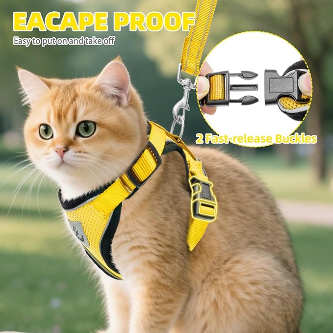 PUPTECK Cat Harness and Leash Set Escape Proof Reflective Cat Walking Harness Adjustable Soft Breathable Mesh Vest for Small Pets, Yellow, S