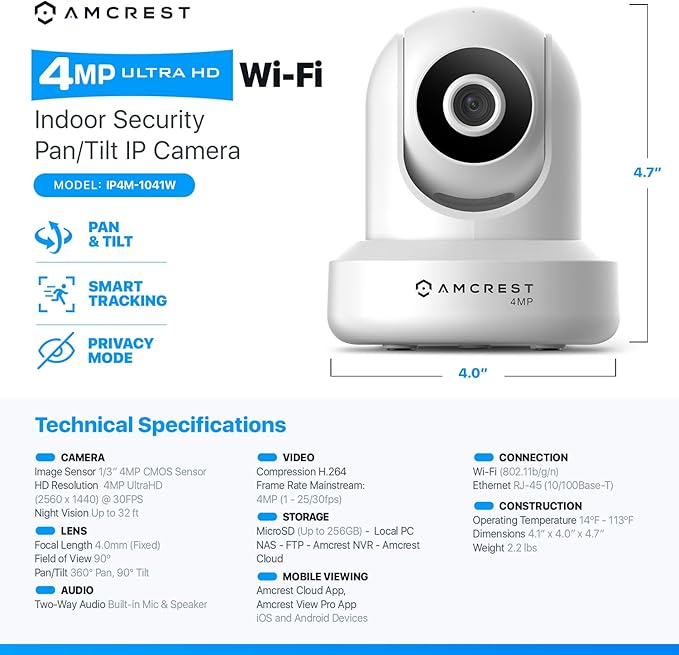 Amcrest 4MP ProHD Indoor WiFi, Security IP Camera with Pan/Tilt, Two-Way Audio, Night Vision, Remote Viewing, 4-Megapixel @30FPS, Wide 90° FOV, IP4M-1041W (White)