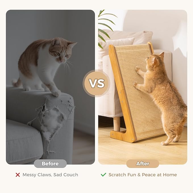 Avont Sisal Cat Scratcher, 25.6 Inch Vertical L Shape Scratching Board with 110° Angled Ramp, Natural Solid Wood with No Mess Scratch Pad for Indoor Cats -Large