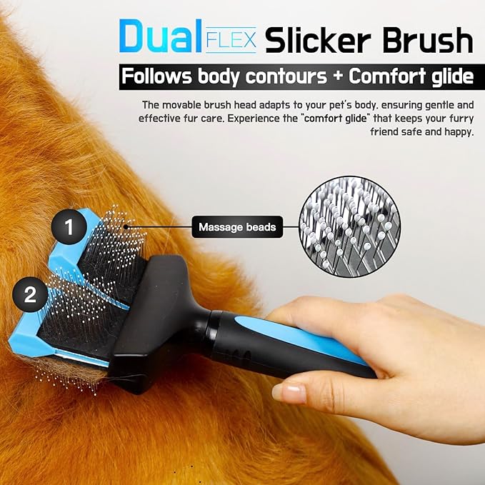 Dual Flex Slicker Brush Dog Brush, Gentle Grooming Tool for Sensitive Dogs & Cats - Ideal for Long Hair, Removes Undercoat, Tangles, and Knots
