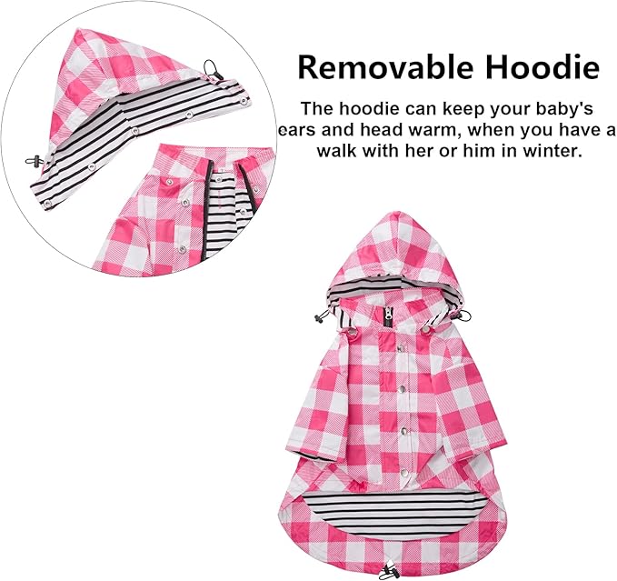 Dog rain Coat Waterproof Raincoat Puppy Jacket with Legs Buttons Zipper Hood Drawstring Fit for Yorkie Terrier Schnauzer Poodle Border Collie Labrador Golden Retriever 8lbs to 80lbs Pink L