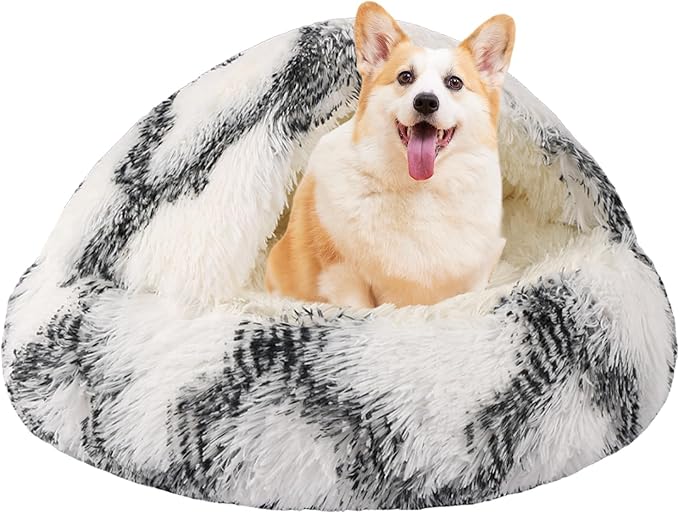 Round Hooded Cat Bed & Dog Bed with Cover Cave, Dog Bed for Small Dogs, Faux Fur Cuddler Round Coved Cat Bed Self Warming Donut Dog Bed Fits up to 5 lbs Pets (Grey White, 16inch x 16inch)