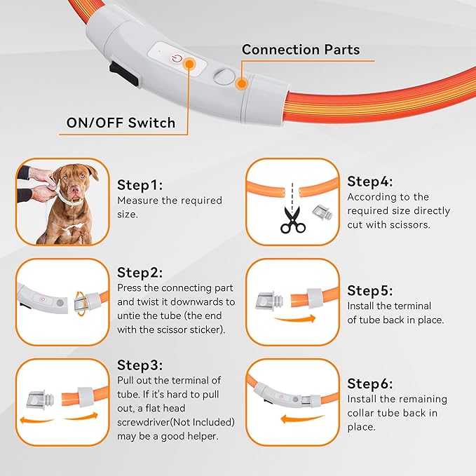 Light Up Led Dog Collar Rechargeable Waterproof, Glow in Dark Dog Collar, TPU Cuttable Lighted Dog Collars for Night Walking Charging USB, Safety for Small Medium Large Dogs Orange