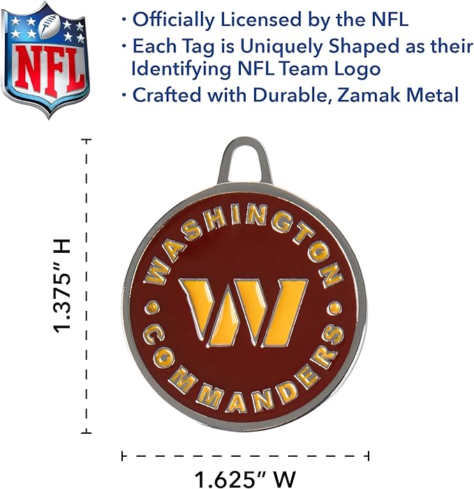 NFL Washington Commanders Engraving Pet ID Tags in 32 Team Logo Shapes Personalized Dog Tags and Cat Tags with 3 Lines of Customizable Text for Tracking & Safety. Stainless Steel Pet ID Tracking Tags