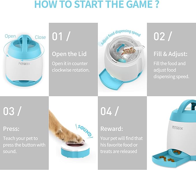 PETGEEK Automatic Dog Treat Dispenser with Button - Puzzle Memory Training Feeder, Pet Geek Button Treat Food Dispensing Toys Interactive, Iq Training Dog Feeder (Blue)