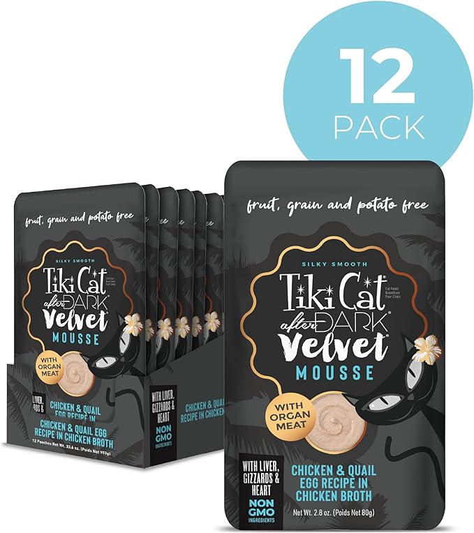Tiki Cat After Dark, Velvet Mousse, Chicken & Quail Egg Recipe in Chicken Broth, Grain & Potato Free Formula, with High Protein & Nutrient Dense Blended Organ Meat, 2.8 oz. Pouch (Pack of 12)