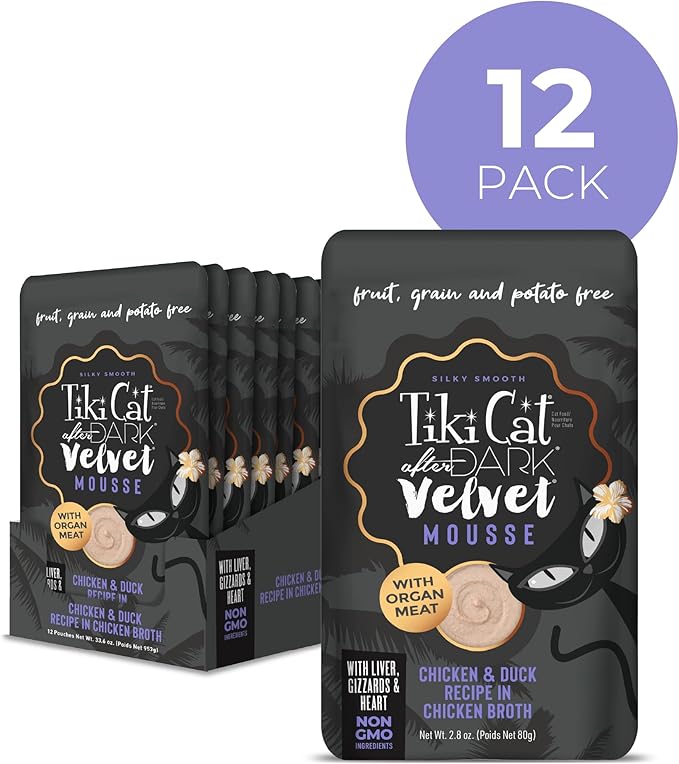 Tiki Cat After Dark, Velvet Mousse, Chicken & Duck Recipe in Chicken Broth, Grain & Potato Free Formula, with High Protein & Nutrient Dense Blended Irresistible Organ Meat, 2.8 oz. Pouch (12 Count)