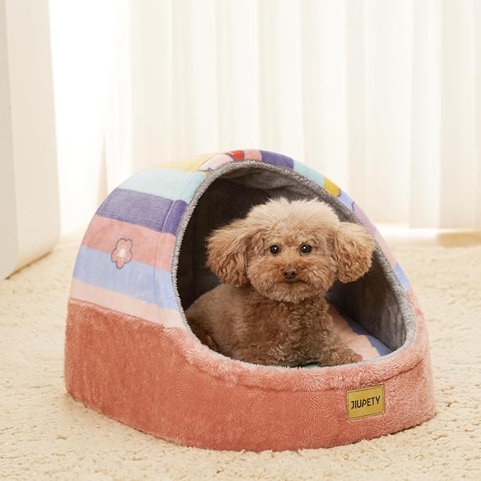 Jiupety Cute Cat Beds for Indoor Cats, Cat Cave Bed and Kitten Bed, Hideway Cat House for Cat & Small Dog with Anti-Slip Bottom, Washable Removable Cushion, L(19"x17"x16"), Rainbow.