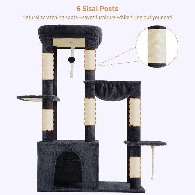 Heybly Heavy Duty Cat Tree, Tower for Indoor Cats Large Adult, Tall Cat Condo House with Extra-Large Baseboard, Multi-Level Plush Furniture with Scratching Posts, Hammock, Toy Ball, Smoky Gray HCT026G