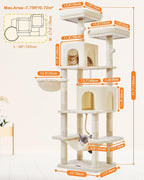 Taoqimiao Cat Tree, 71.7-Inch Cat Tower for Indoor Cats, Plush Multi-Level Cat Condo with 13 Scratching Posts, 2 Perches, 2 Caves, Hammock, 2 Pompoms,Beige MS013LM