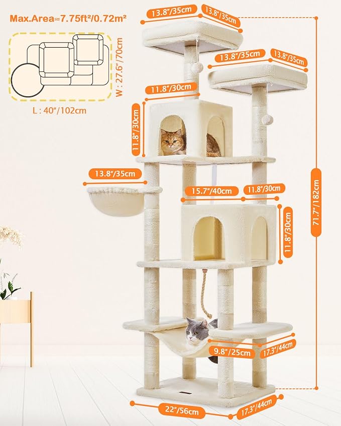 Taoqimiao Cat Tree, 71.7-Inch Cat Tower for Indoor Cats, Plush Multi-Level Cat Condo with 13 Scratching Posts, 2 Perches, 2 Caves, Hammock, 2 Pompoms,Beige MS013LM