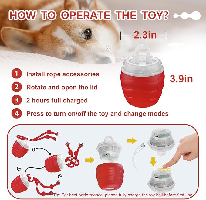 Interactive Dog Toys, [2025 Newly Upgraded] Interactive Dog Ball for Medium/Large Dogs, Automatic Moving Dogs Toy Wicked Ball for Boredom & Training, Play Music, USB Rechargeable(Red)