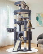 Taoqimiao 72 Inches Cat Tree for Large Cats, Multi-Level Tall Cat Tower, Widened Cat Condo with Large Scratch Board, 5 Scratching Posts, Metal Hammcock, Cozy Basket, Smoky Gray, MS045G