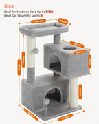 32" Cat Tree Tower for Indoor Cats - 2 Cozy Condos, Multi-Level Cat Scratching Posts with Sisal, Soft Padded Perch, 2 Dangling Toys, Light Grey