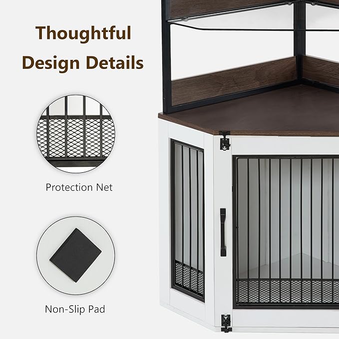 MCombo Small Corner Dog Crate Furniture with Glass Shelves, Wooden Dog Kennel Furniture with Door, Pet Crate Indoor Use, CN17 (White and Brown)