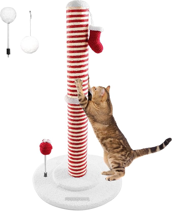 Christmas Cat Scratching Post,Christmas Cat Scratcher for Indoor Cats,Christmas Cat Tree Tower Activity Cat Play Center with Santa Danging Sock Toys and Gift Box