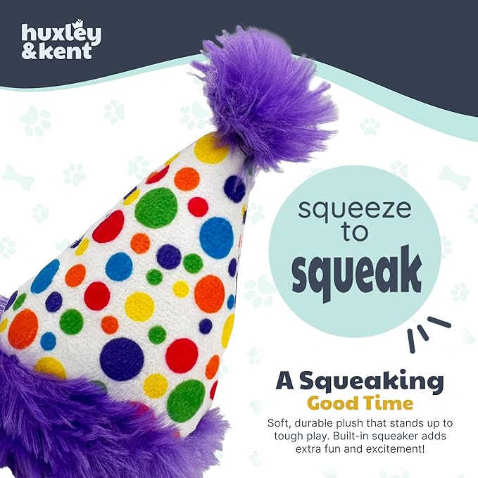 Huxley & Kent Funny Dog Toy w/Squeaker – Power Plush Squeaky Dog Toys for Small Dogs – Durable Small Stuffed Animal for Indoor Play & Fetch - Tiny Tuff Polka Dot Party Hat