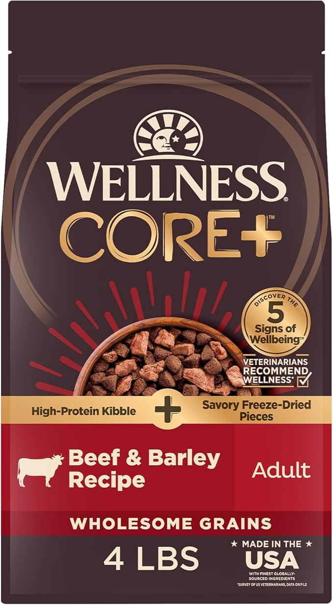 Wellness CORE+ (Formerly RawRev) Dry Dog Food with Freeze Dried Pieces, Wholesome Grains, High Protein, Natural, Beef & Barley Recipe, (4-Pound Bag)