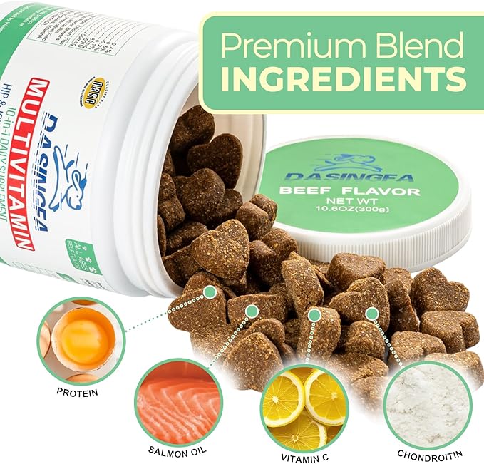 10-in-1 Dog Multivitamin Supplement, Calming Chews with Chondroitin & Probiotics, Mega Pack 10.6oz/300g (120 Chews), Supports Joint Health & Calming, Beef Flavor