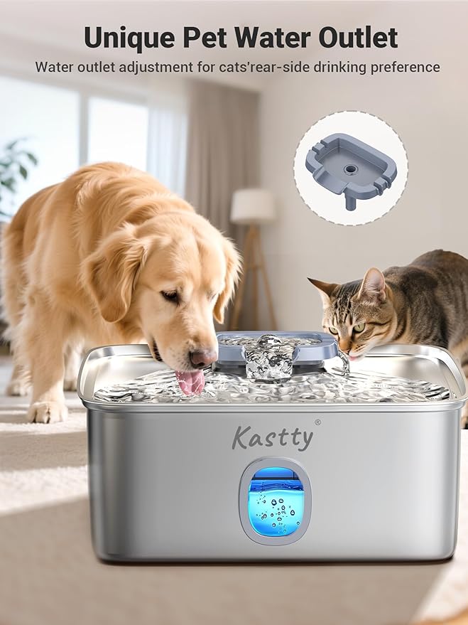Kastty 15L/3.96 Gal Stainless Steel Dog Water Bowl Dispenser, Large Capacity Dog Water Fountain Quiet LED Light Triple Filtration BPA-Free, Automatic Pet Water Fountain Easy Cleaning for Pet FS76