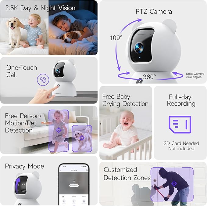 2.5K Pet/Dog Camera with Speaker/Phone App, No-Monthly-Fee AI Person/Pet/Cry Detection Security Camera Indoor, PTZ 2.4GHz WiFi Baby Monitor Cameras for Home Security, Night Vision, 2-Way Talk