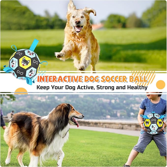 Dog Toy Soccer Ball with Straps, Herding Ball for Dogs, Outdoor Interactive Dog Toy, Dog Fetch Toy, Ideal for Medium & Large Dogs, Great Puppy Birthday (6 Inch)